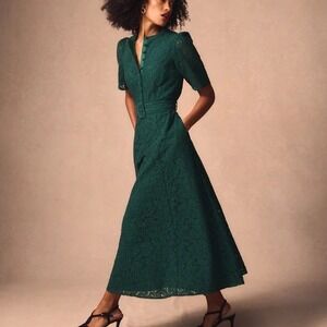 Boden Kate Puff Sleeve Lace Dress Dark Green Midi Dress size 8 New With Tags